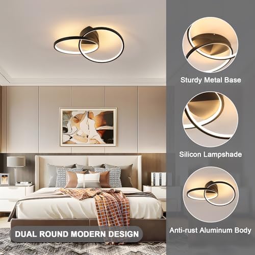 Dorlink Modern LED Ceiling Light – 33W Dual-Round Black Flush Mount, 3000K