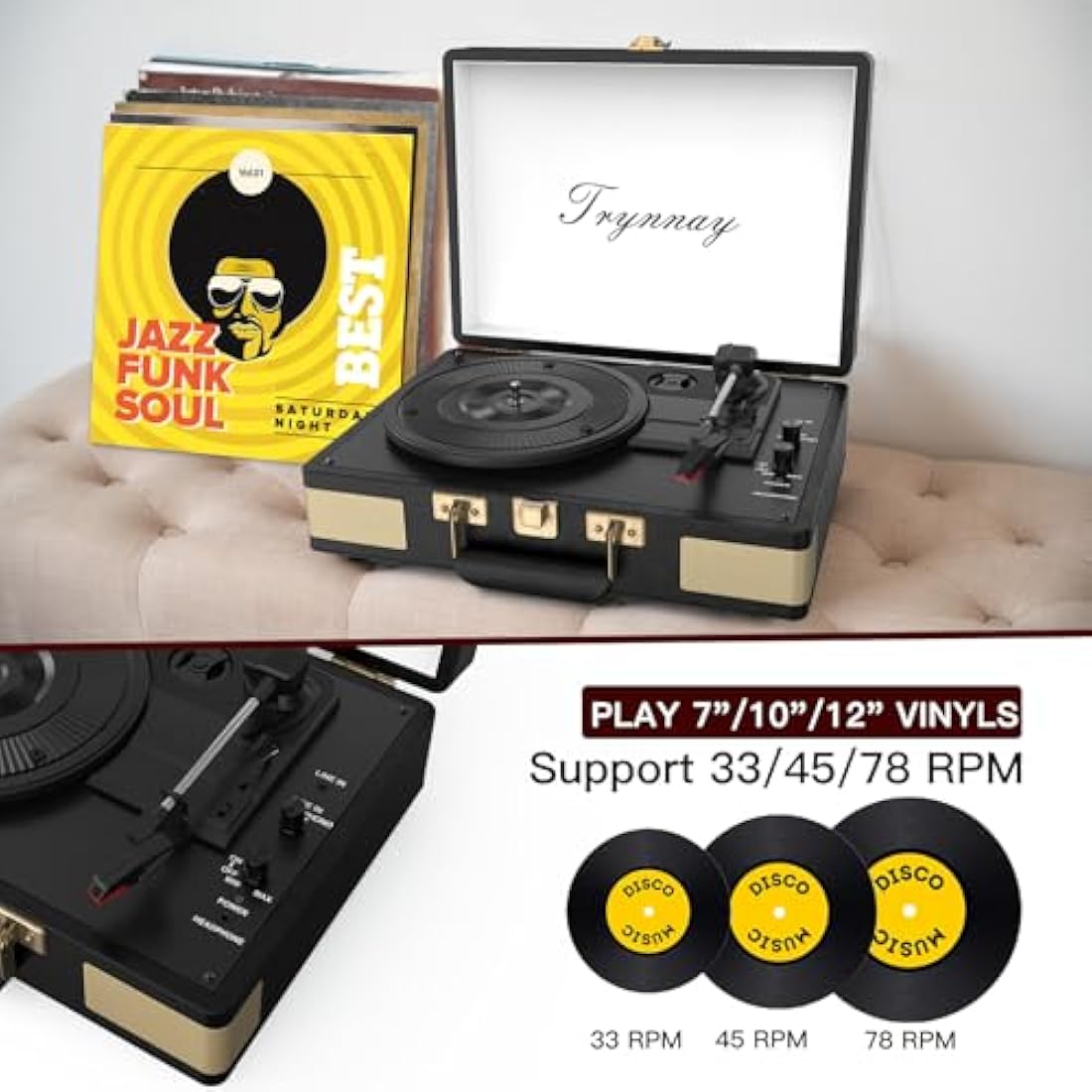 Trynnay 3-Speed Bluetooth Record Player | Portable Waxed Leather Turntable