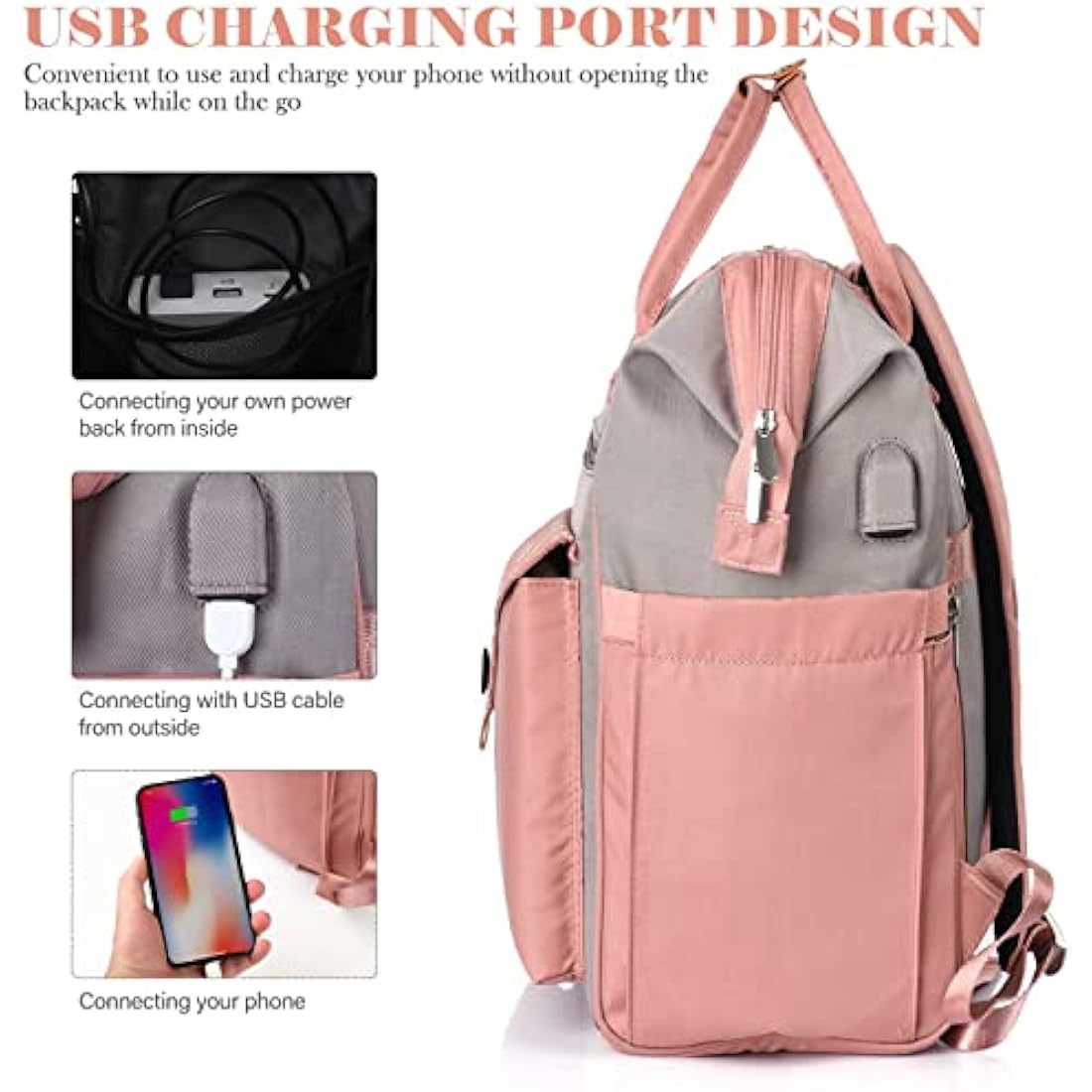 RJEU Women's 15.6 Inch Laptop Backpack | Waterproof Anti-Theft Bag - Pink