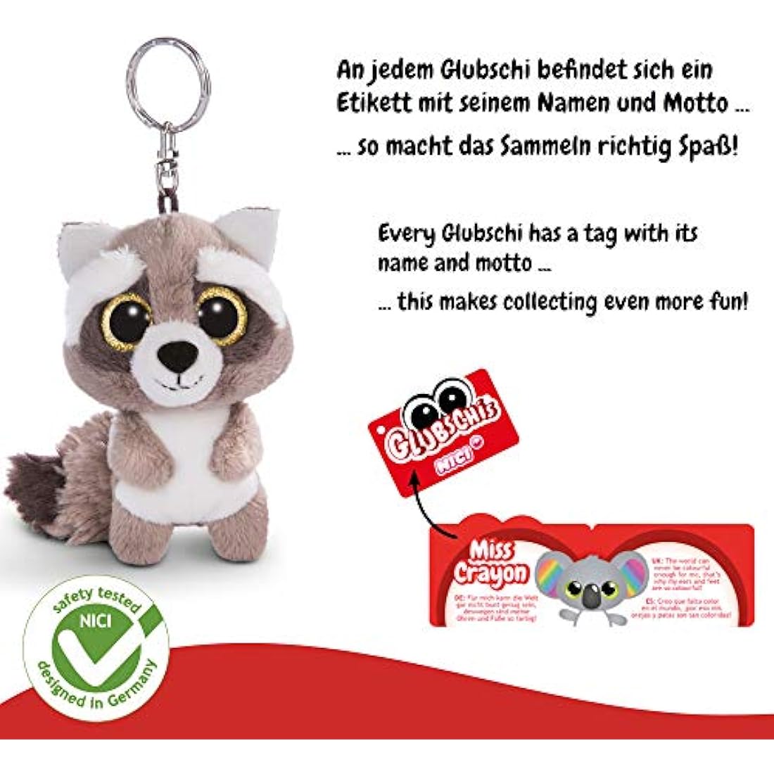 Nici Glubschis Clooney Raccoon Plush Keyring – Pink/White Animal Charm