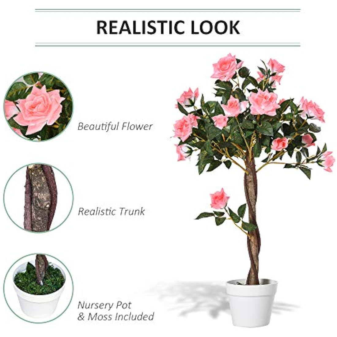 Outsunny 90cm Artificial Rose Tree | Pink Faux Decorative Plant with Pot
