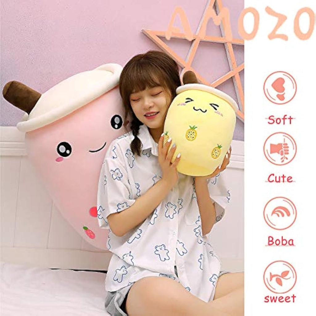 AMOZO Boba Milk Tea Plushie – Cute Soft Stuffed Toy Pillow, Pink 24cm