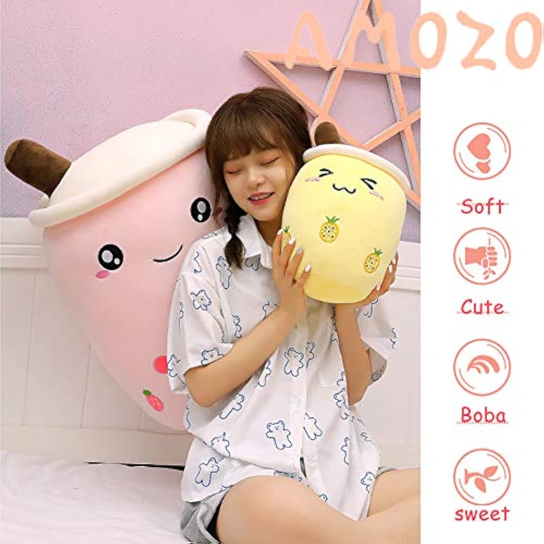 AMOZO Boba Milk Tea Plushie – Cute Soft Stuffed Toy Pillow, Pink 24cm