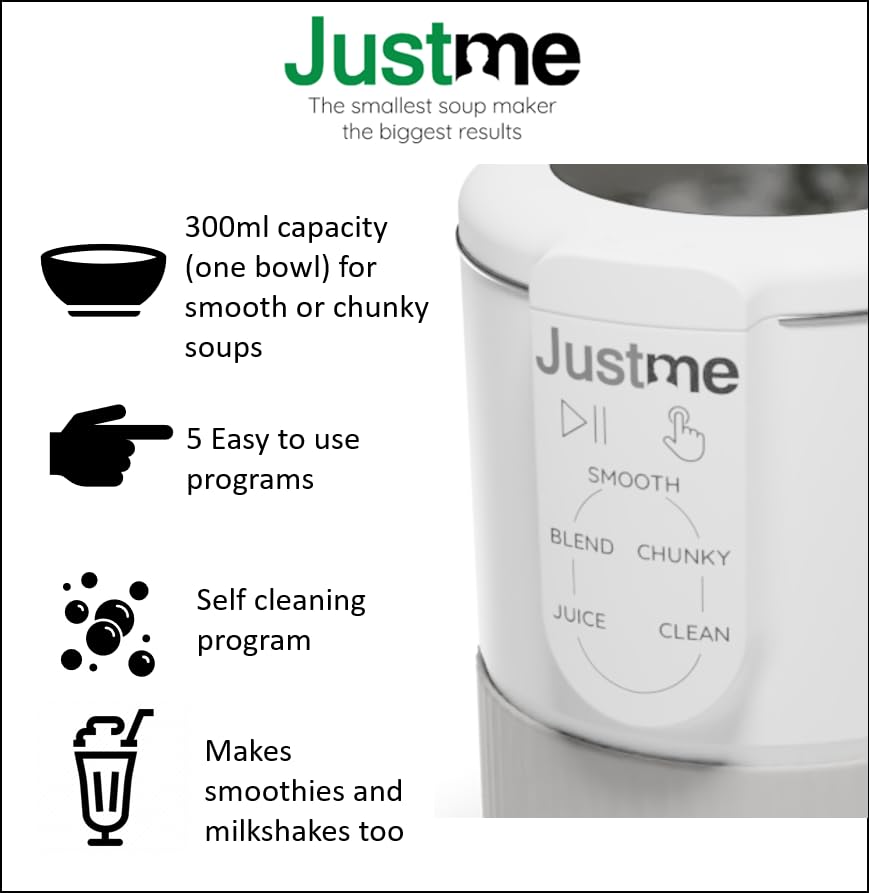 JustMe Single Serve Soup Maker & Smoothie Blender | 5 Programs | White