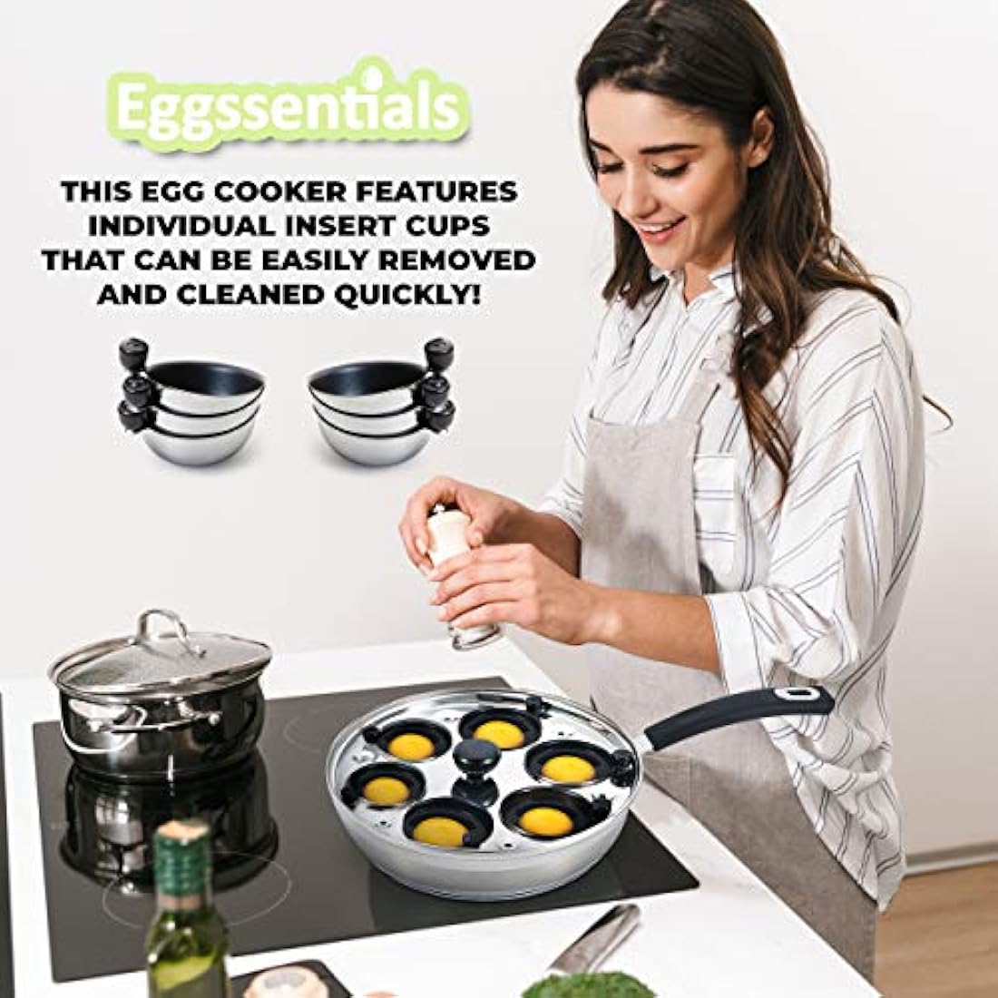 Eggssentials 6-Cup Stainless Steel Egg Poacher Pan - Nonstick Induction