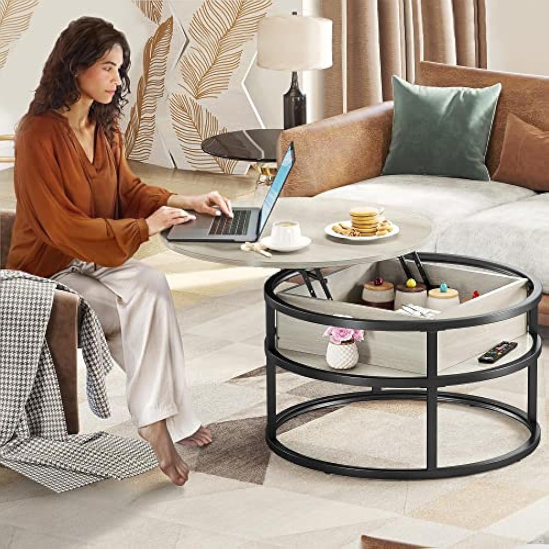 YITAHOME Round Lift Top Coffee Table with Hidden Storage - White Oak