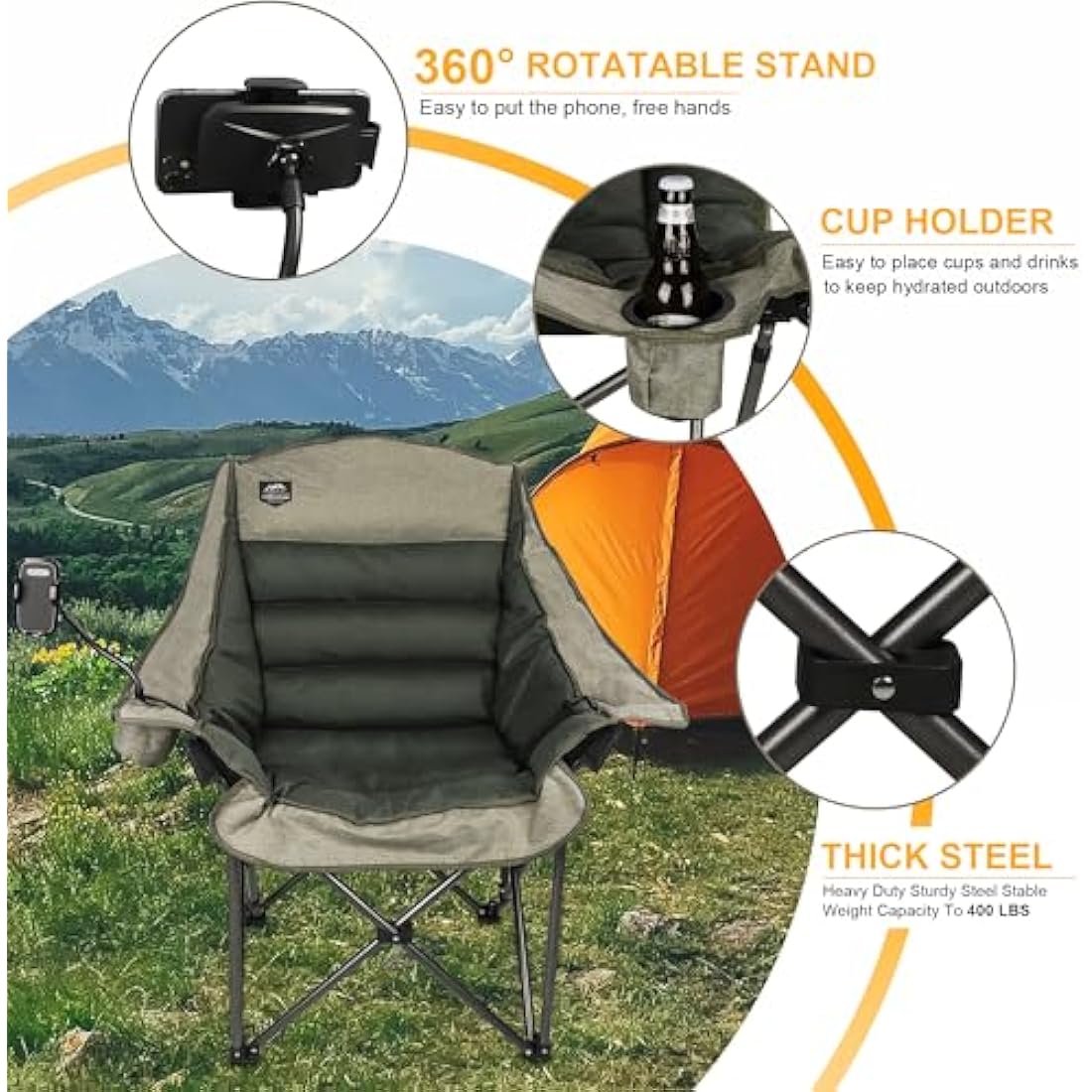 LANMOUNTAIN Oversized Folding Camping Chair | Heavy-Duty 400lbs - Brown