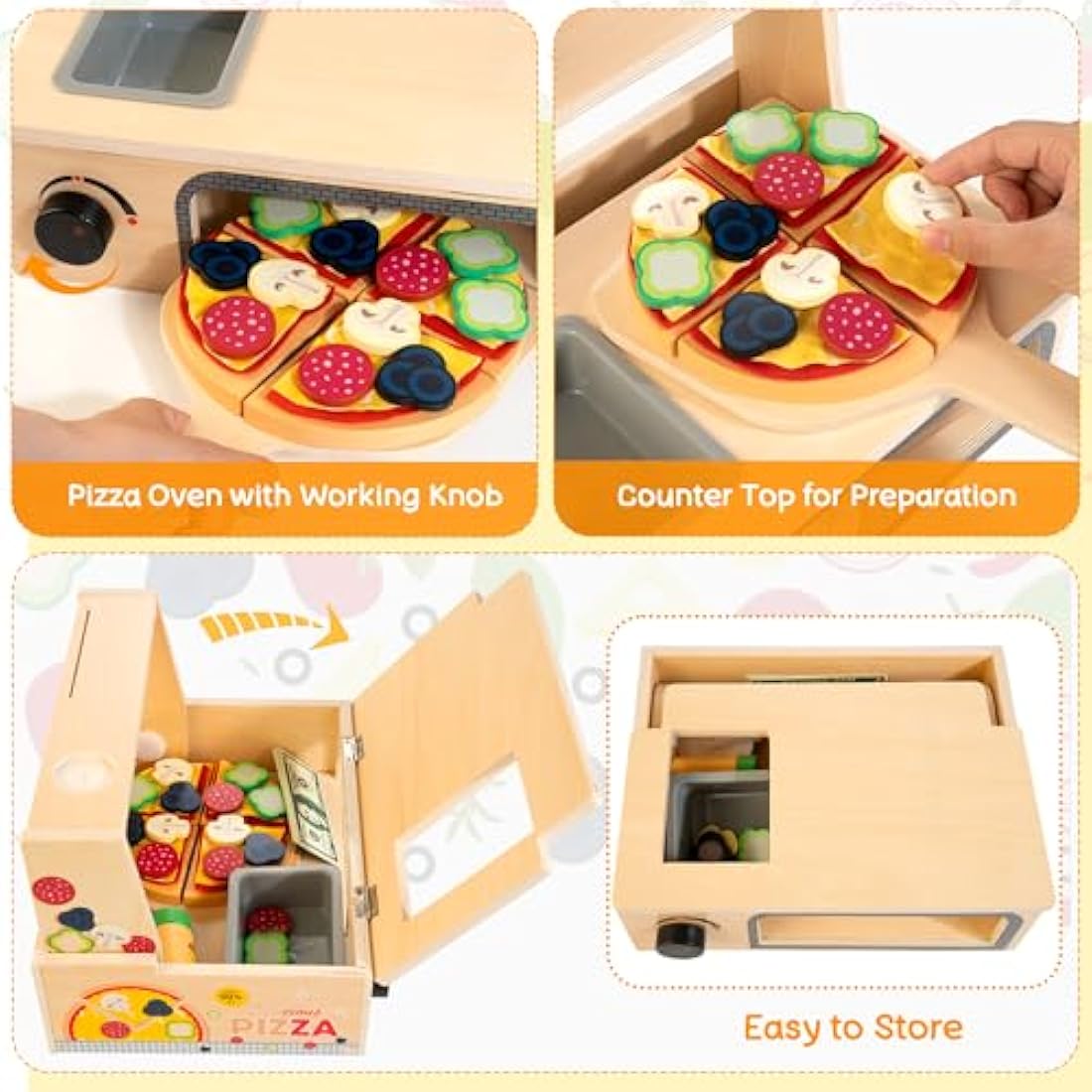 Wooden Pizza Counter Play Set – 49 Piece Pretend Kitchen Toy