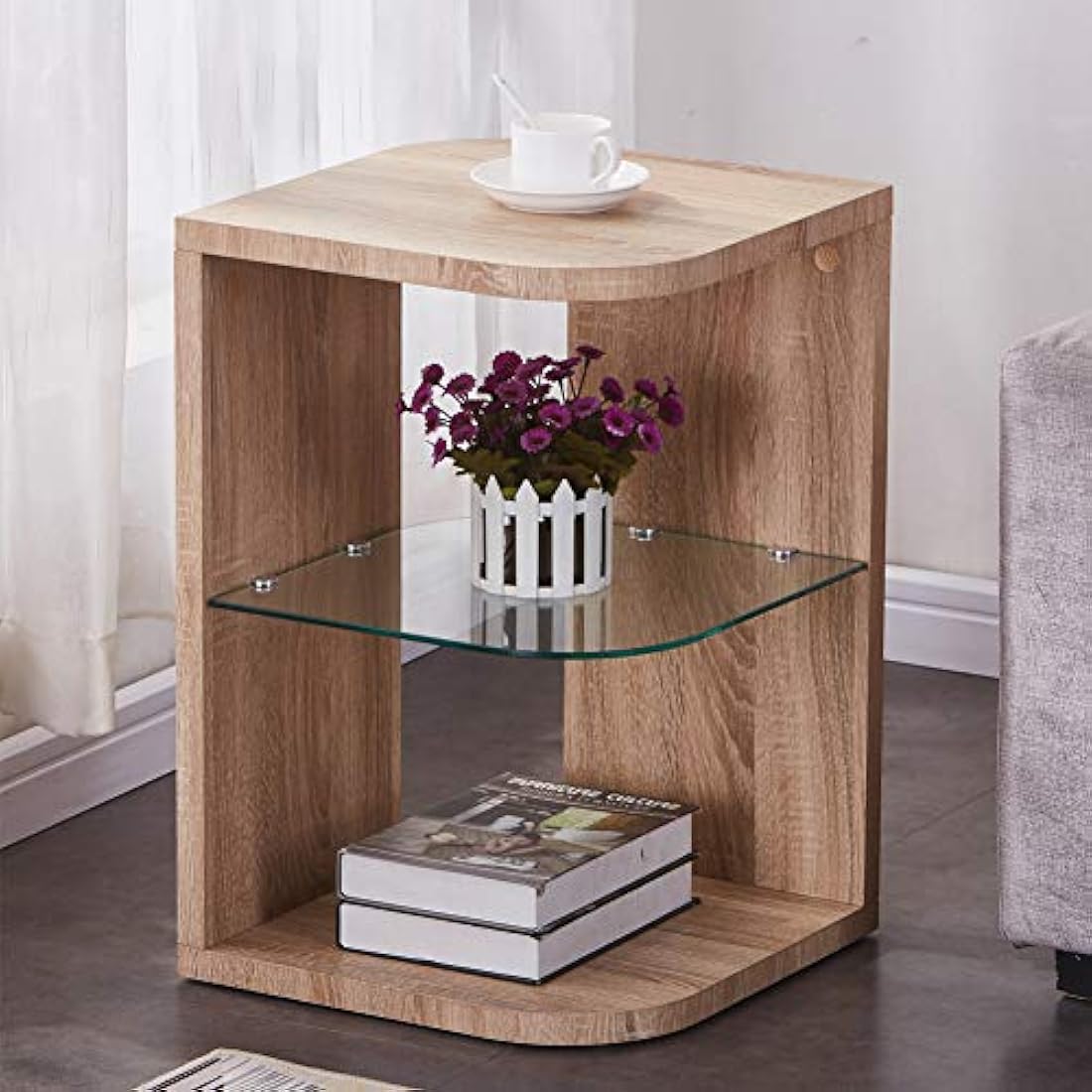 GOLDFAN 3-Tier Glass and Wood Side Table – Modern Oak End Table