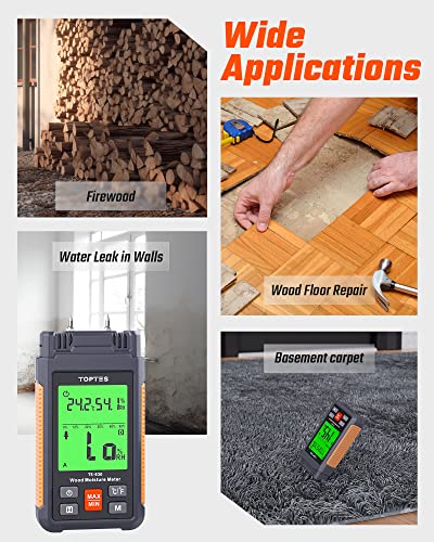 TopTes TS-630 Wood Moisture Meter | 3-Color Backlit LCD for Drywall