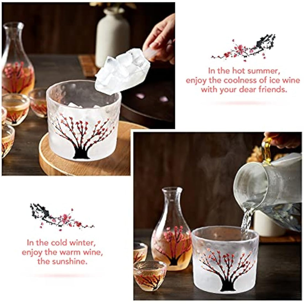 DUJUST Japanese Sake Set for 4 | Hand-Painted Pink Cherry Blossom Glass