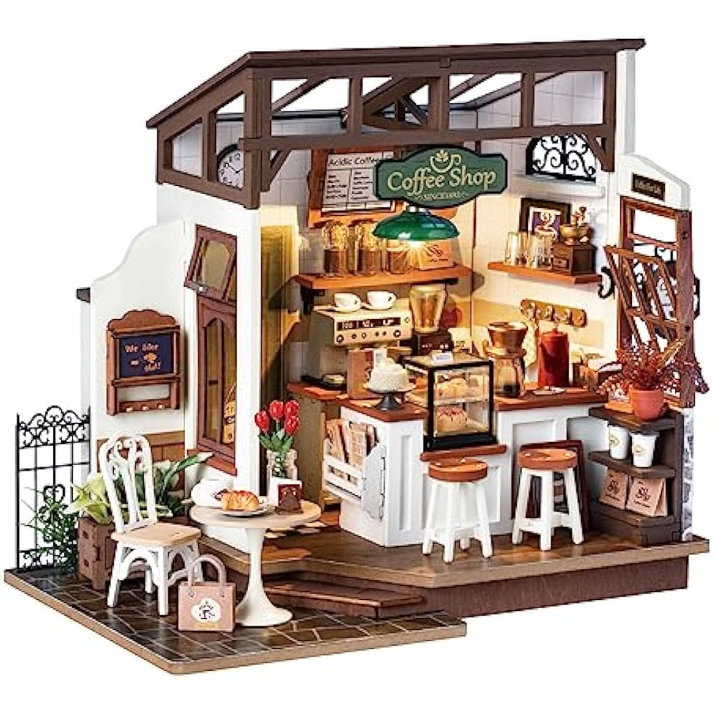 Rolife Miniature Café Dollhouse Kit - DIY Wooden Model with LED Lights