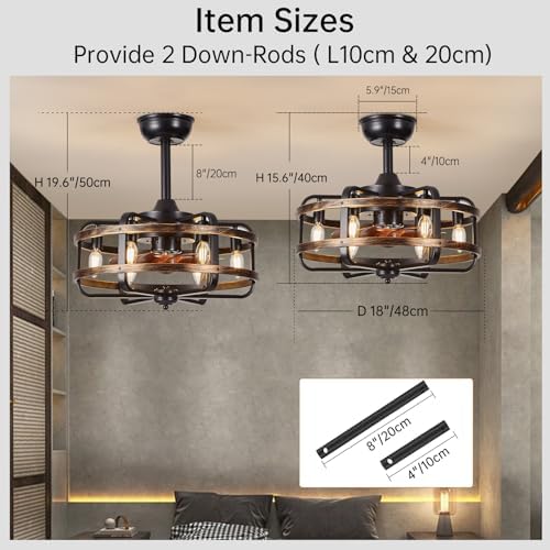IZOWE 48cm Industrial Caged Ceiling Fan with Light | 3-Speed Reversible
