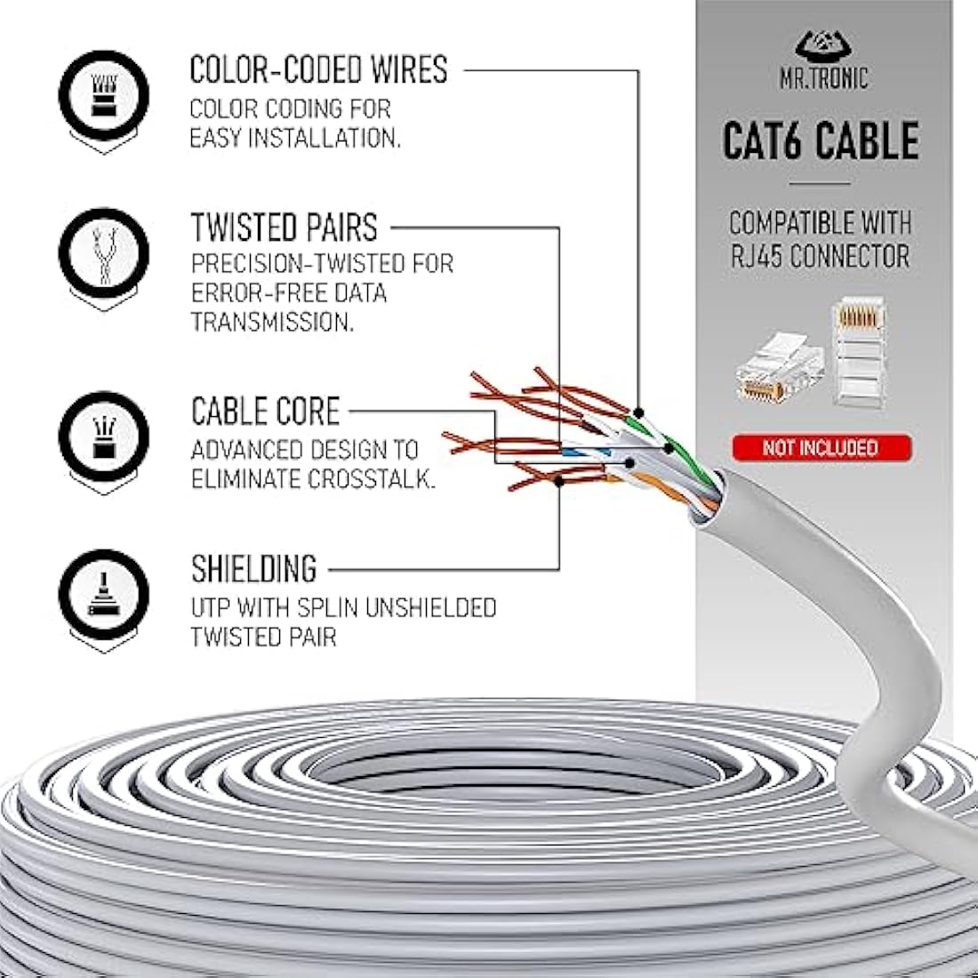 Mr. Tronic Cat 6 Ethernet Cable 100m | High Speed 1Gbps UTP LAN Bulk - Grey