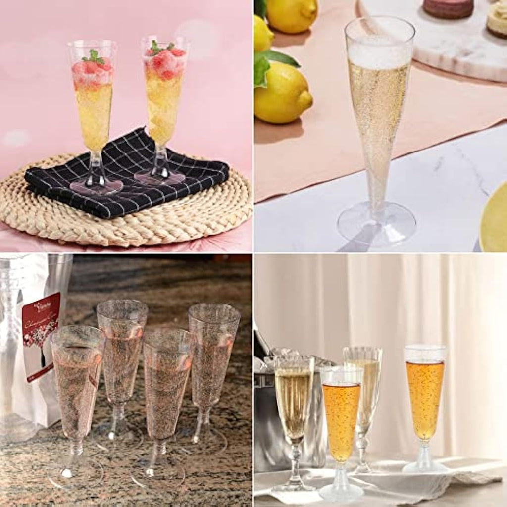 JMIATRY 100 Pcs Plastic Champagne Flutes – 5.6oz Shatterproof Silver Glitter