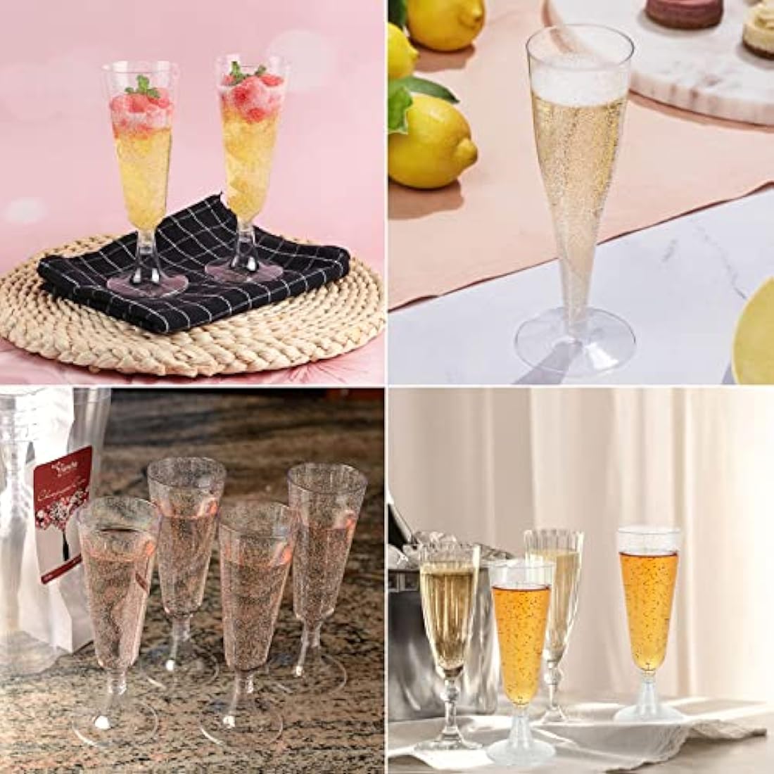 JMIATRY 100 Pcs Plastic Champagne Flutes – 5.6oz Shatterproof Silver Glitter