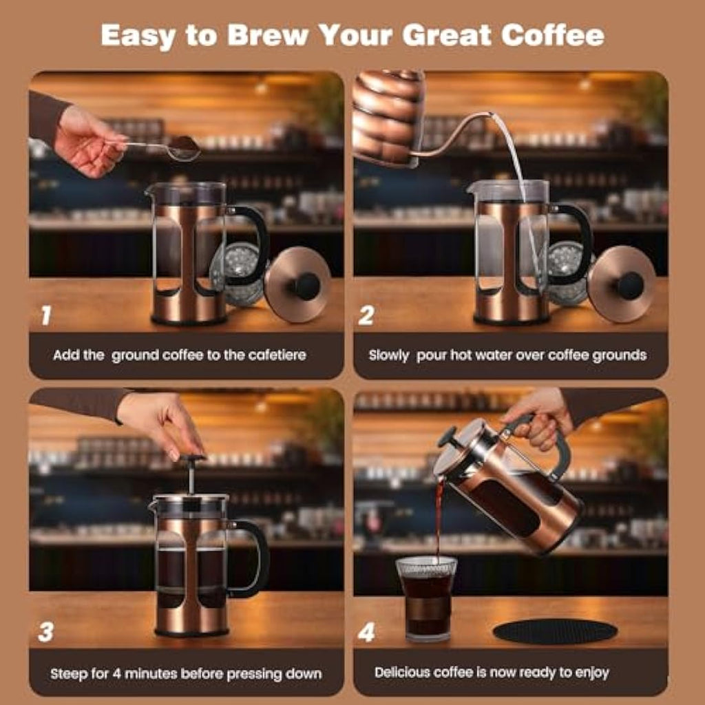 KOOYAT French Press Coffee Maker | 1000ml Copper & Borosilicate Glass