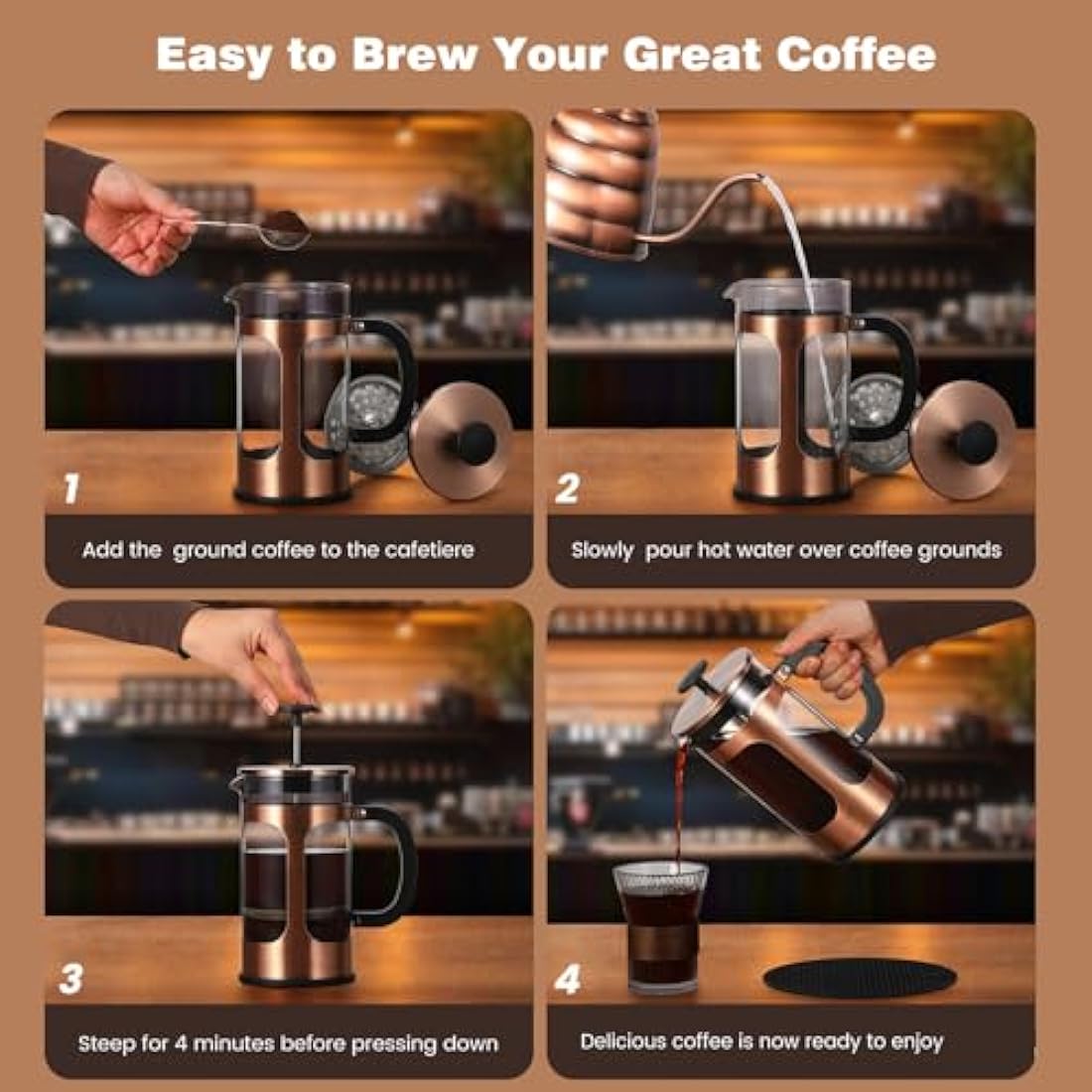 KOOYAT French Press Coffee Maker | 1000ml Copper & Borosilicate Glass