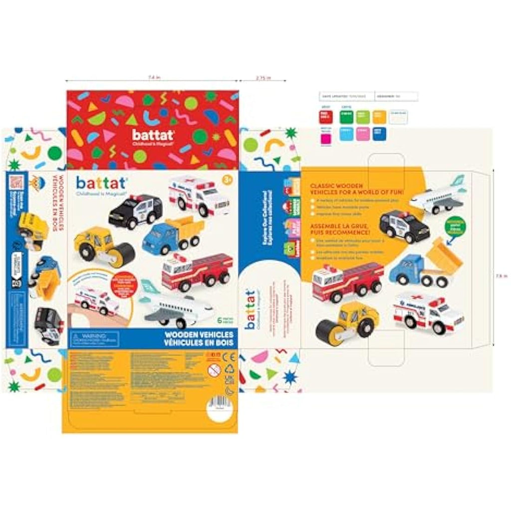 Battat Wooden Toy Cars Set – 6 Piece Rescue & Construction Vehicles