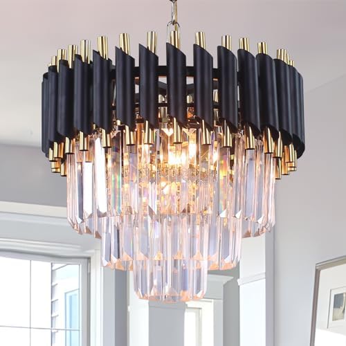 FRIXCHUR Modern 3-Tier Crystal Chandelier – Black and Gold Pendant Light