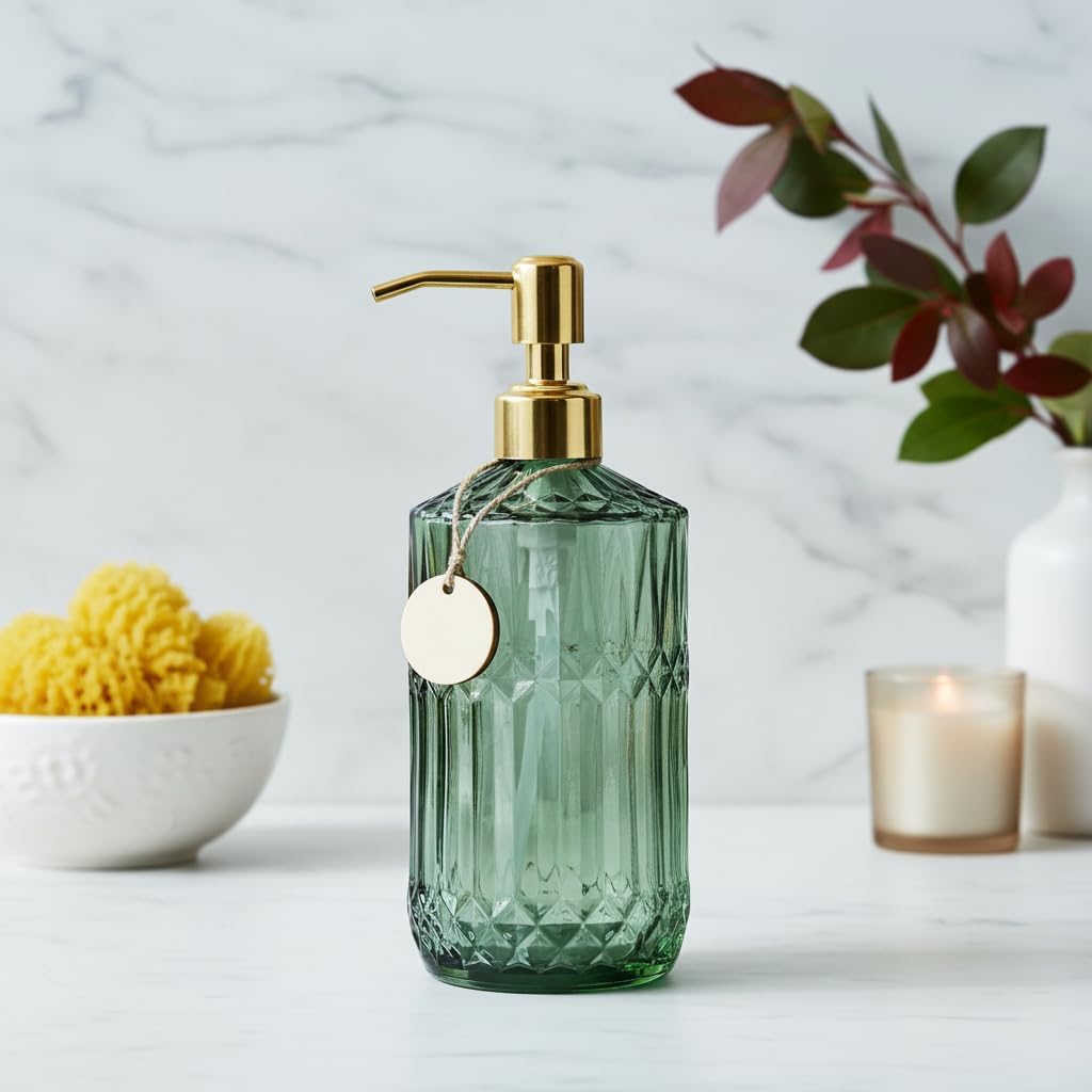 Gem Patterned Glass Soap Dispenser Bottle with Pump, 18Oz Refillable Liquid Hand Jar Dispenser for Bathroom, Countertop, Kitchen, Laundry Room Green - image 2