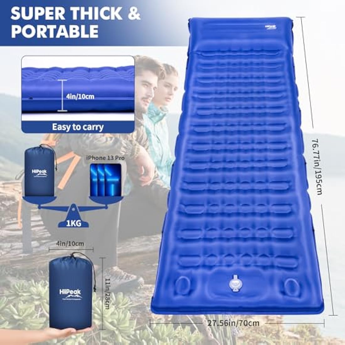 HiiPeak Inflatable Camping Sleeping Pad | 3.9 Inch Thick 40D Nylon Mat