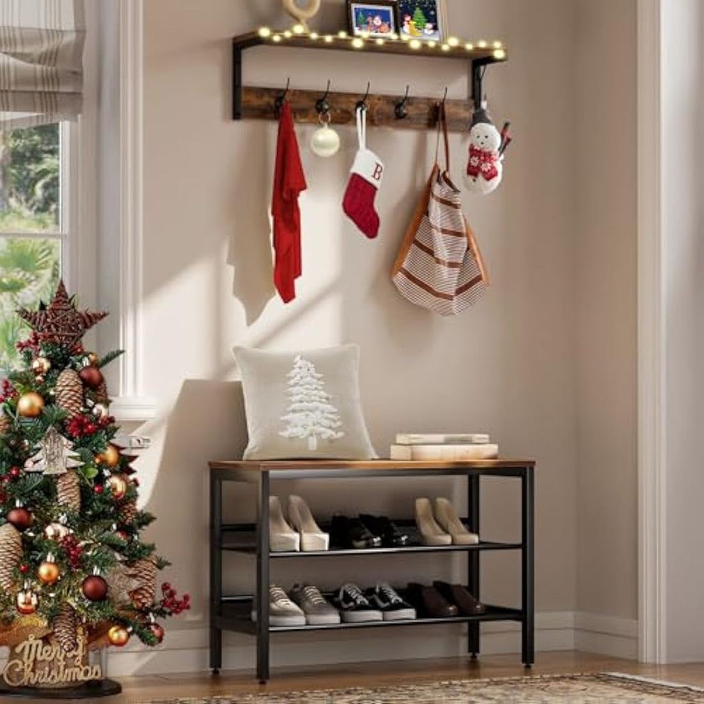 HOOBRO Wall-Mounted Coat Rack with Shelf - 7 Hooks, Rustic Brown