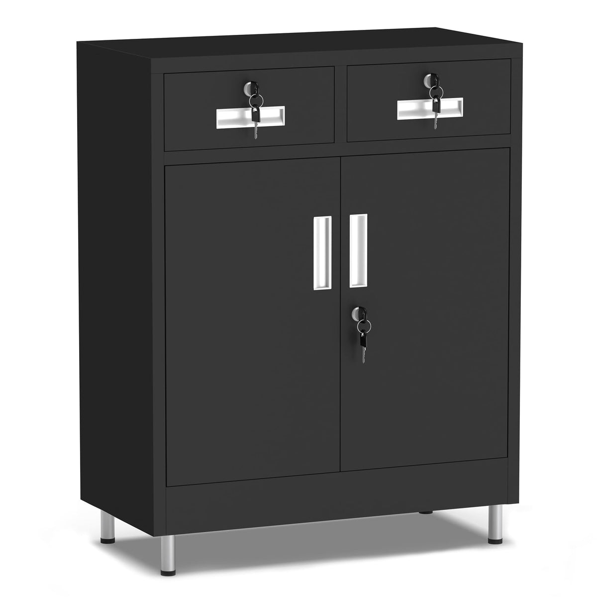 JINGUR Metal Storage Cabinet with Locking Doors and 2 Drawers Black