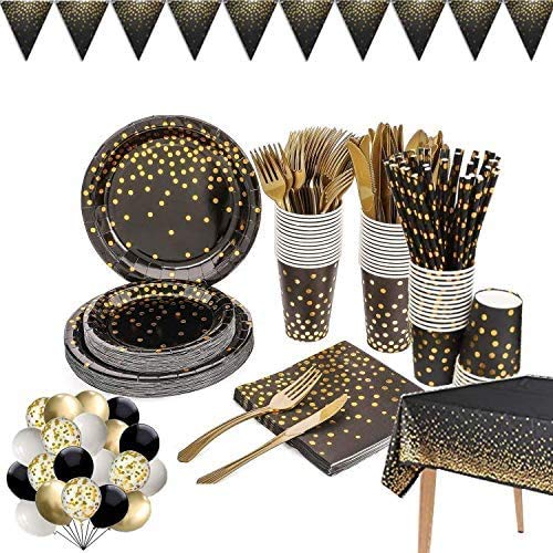 Jolof Store 142-Piece Black and Gold Party Supplies – Disposable Dinnerware Set