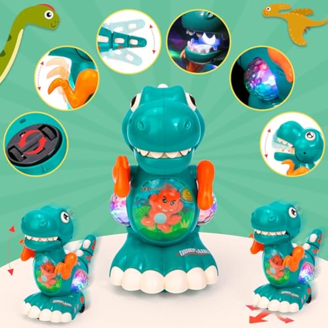 Jolof Store Musical Crawling Dinosaur Toy with LED Lights - Green