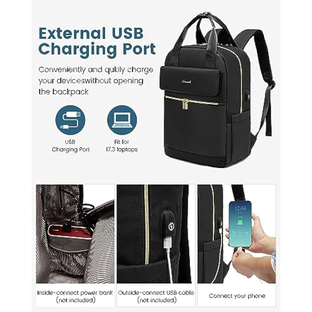 LOVEVOOK 17.3 Inch Laptop Backpack for Women | USB Port Travel Bag - Black