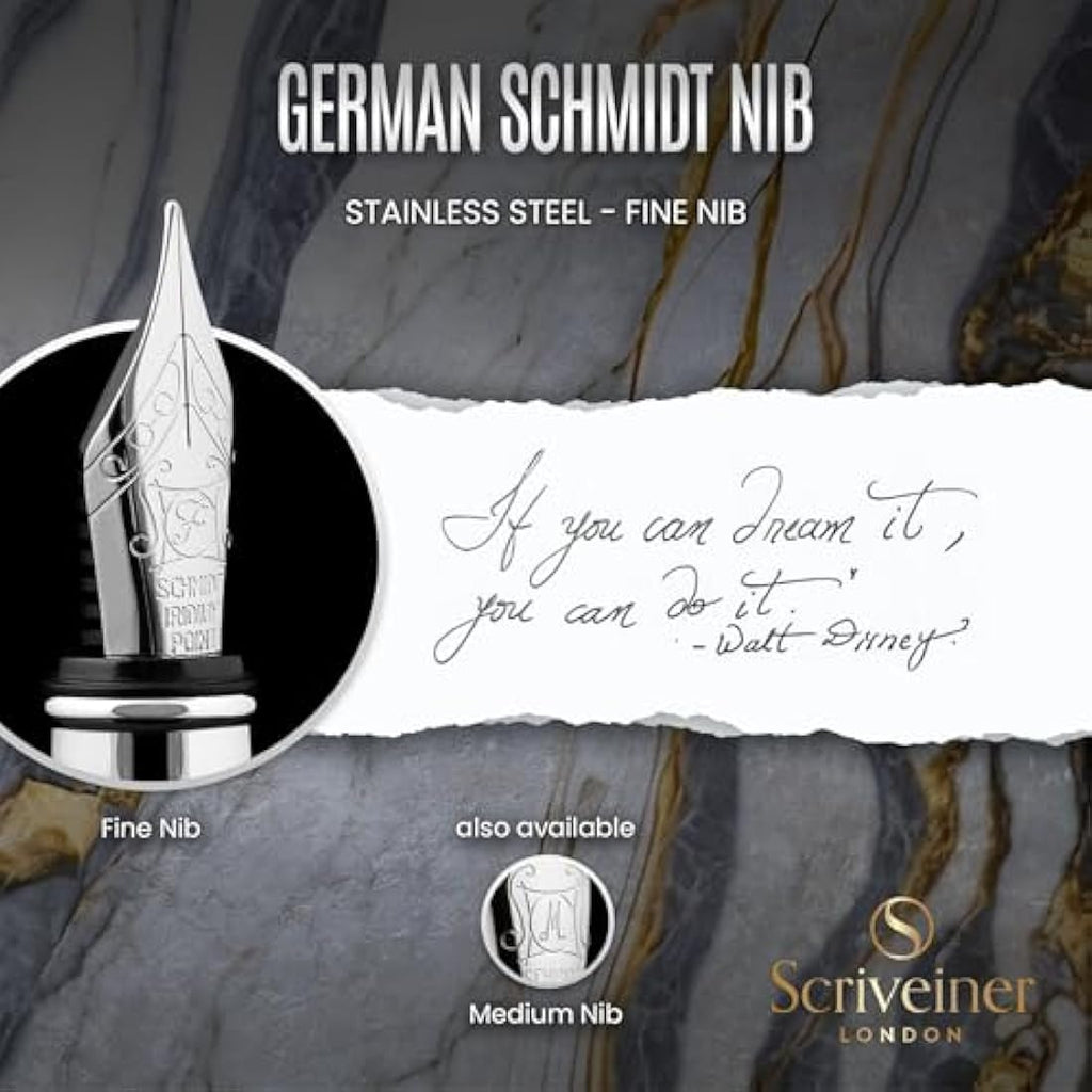 Scriveiner Blue Lacquer Fountain Pen – Fine Schmidt Nib, Chrome Finish