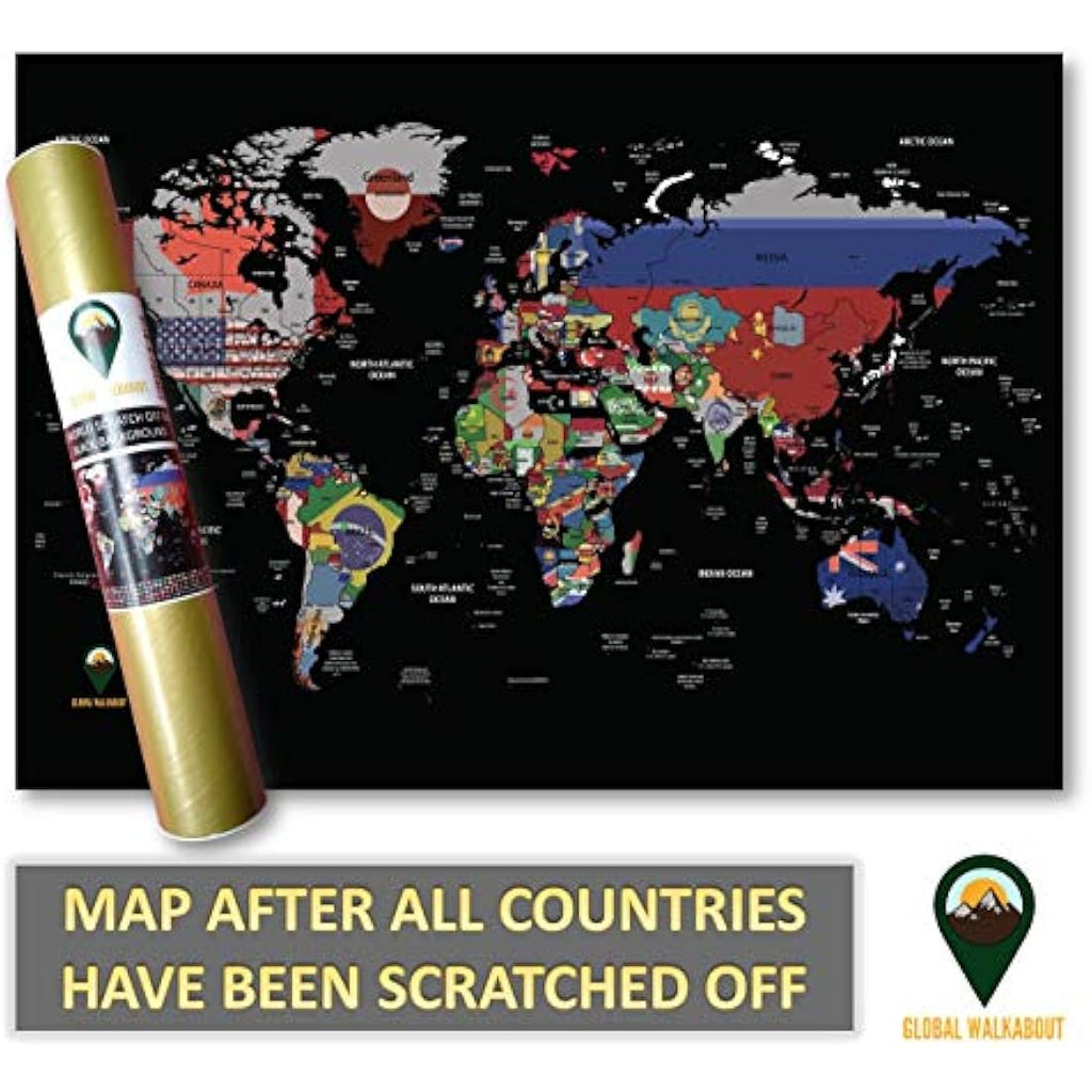 Global Walkabout Scratch Off World Map Poster with Flags - Black A3 Size