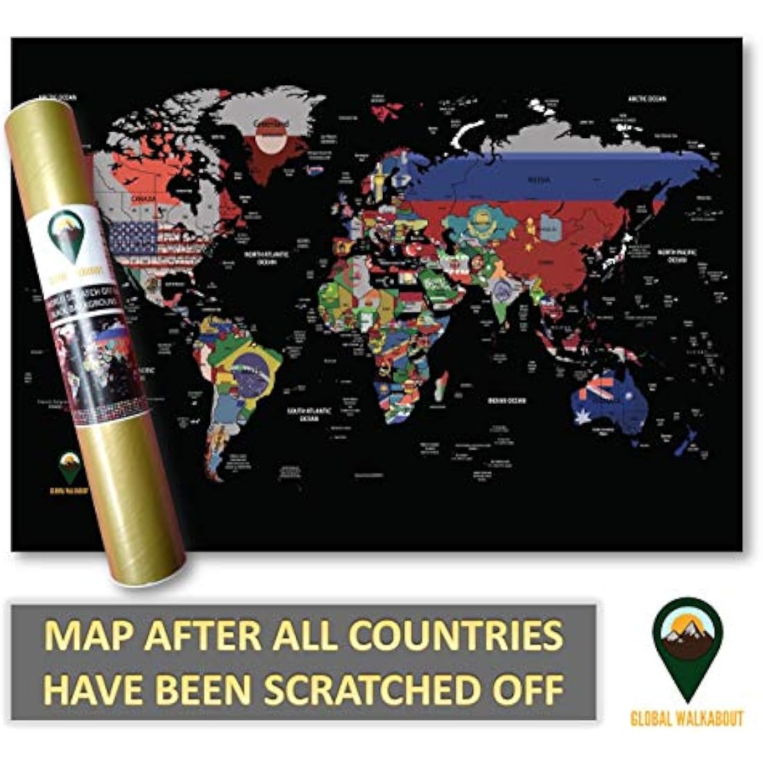 Global Walkabout Scratch Off World Map Poster with Flags - Black A3 Size
