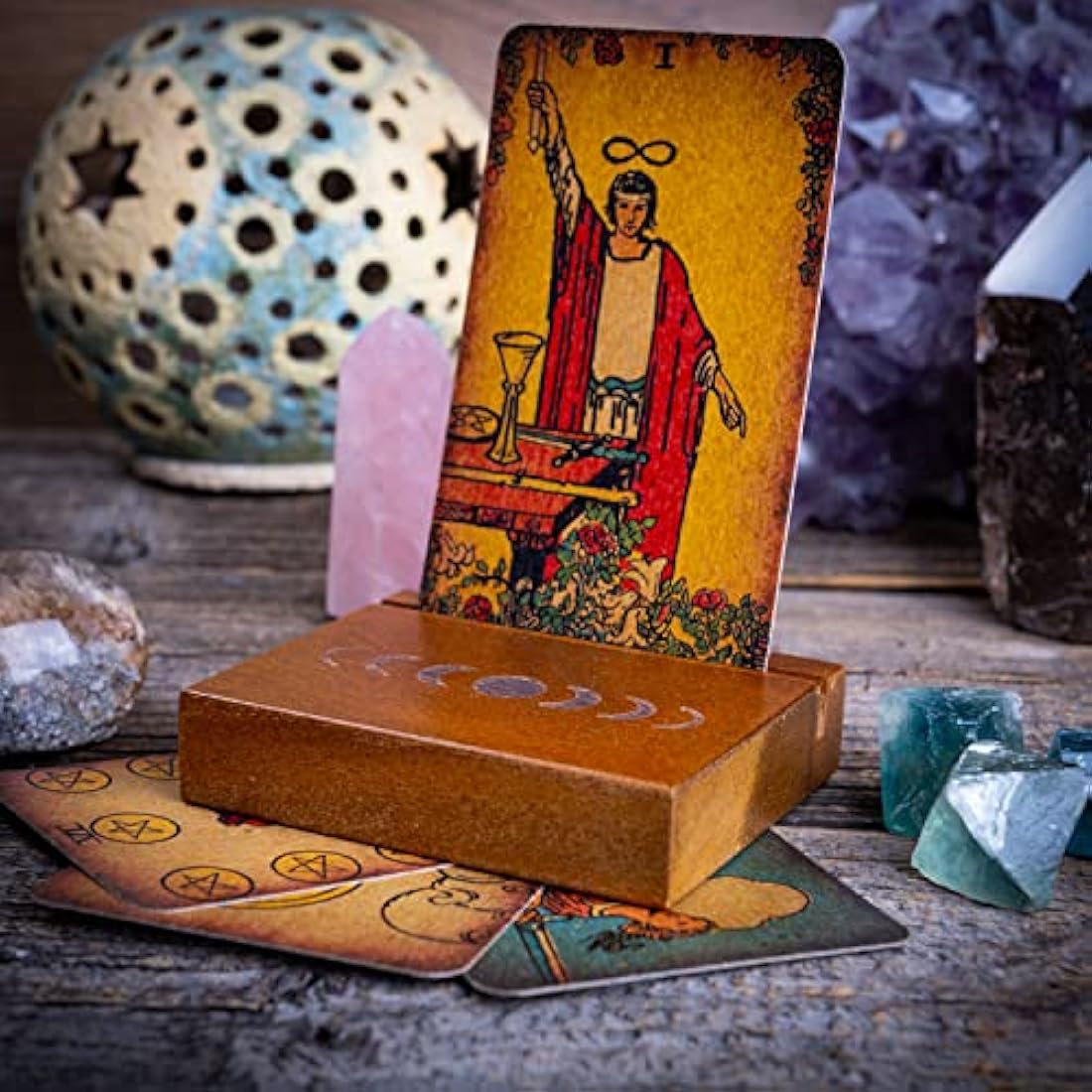 Curawood Moon Phase Tarot Card Holder Stand - Wooden Altar Decor