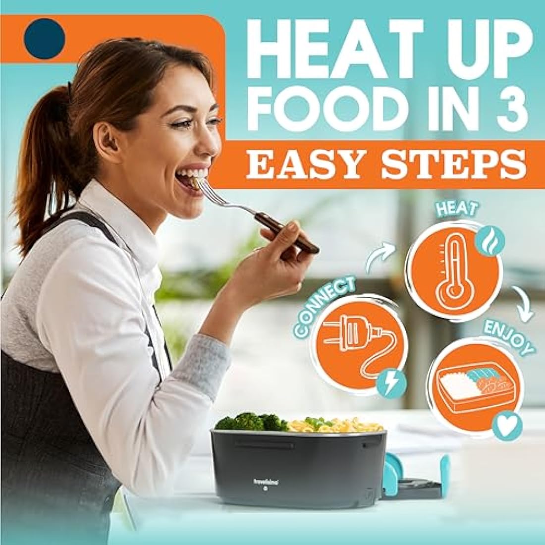 TRAVELISIMO 80W Electric Heated Lunch Box - 1.5L Stainless Steel Food Warmer