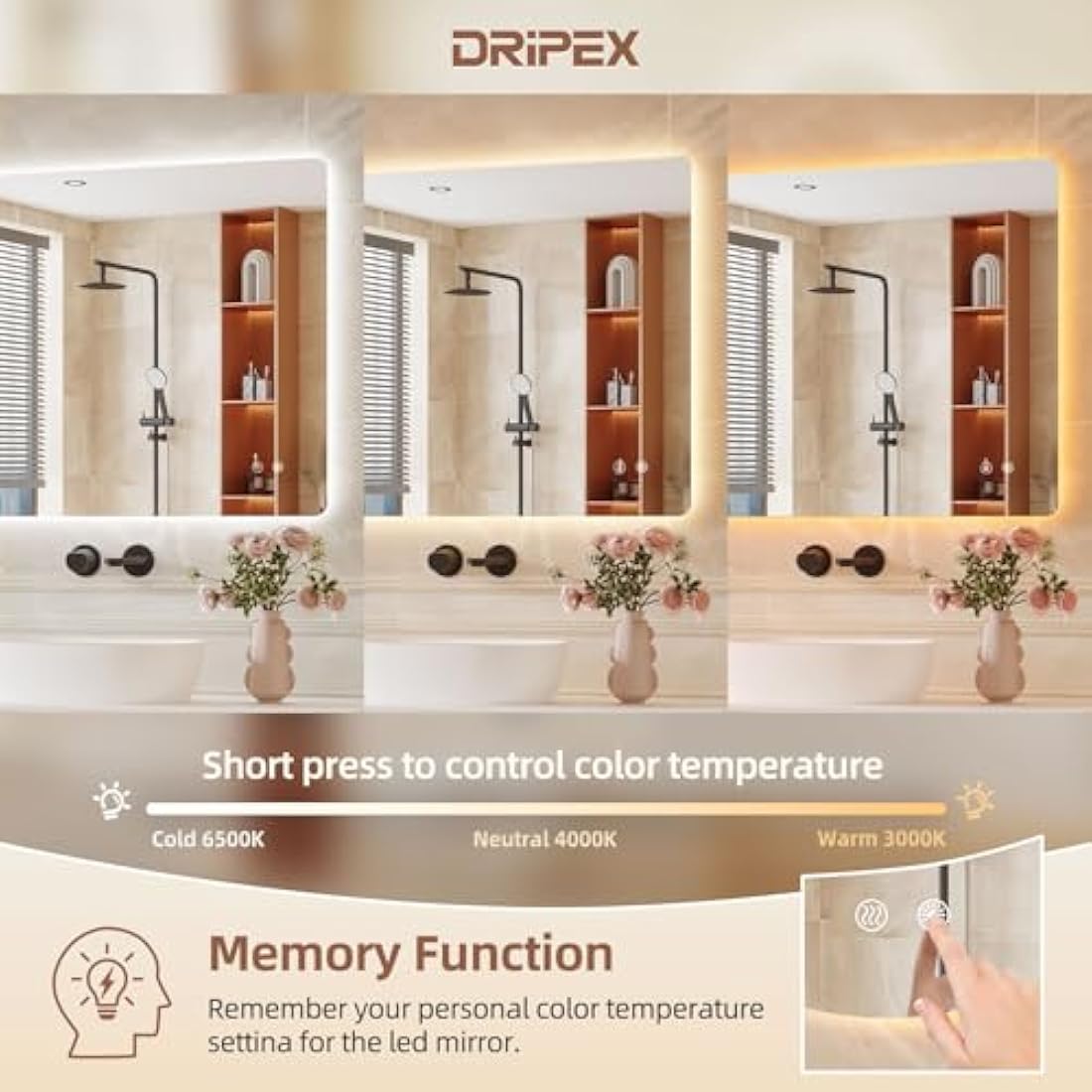 Dripex LED Bathroom Mirror | 60x100cm Backlit Anti-Fog Dimmable Mirror