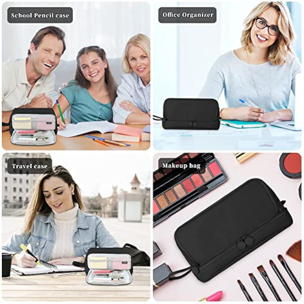 Tesmien Large Pencil Case | 4-Compartment Canvas Stationery Bag - Black
