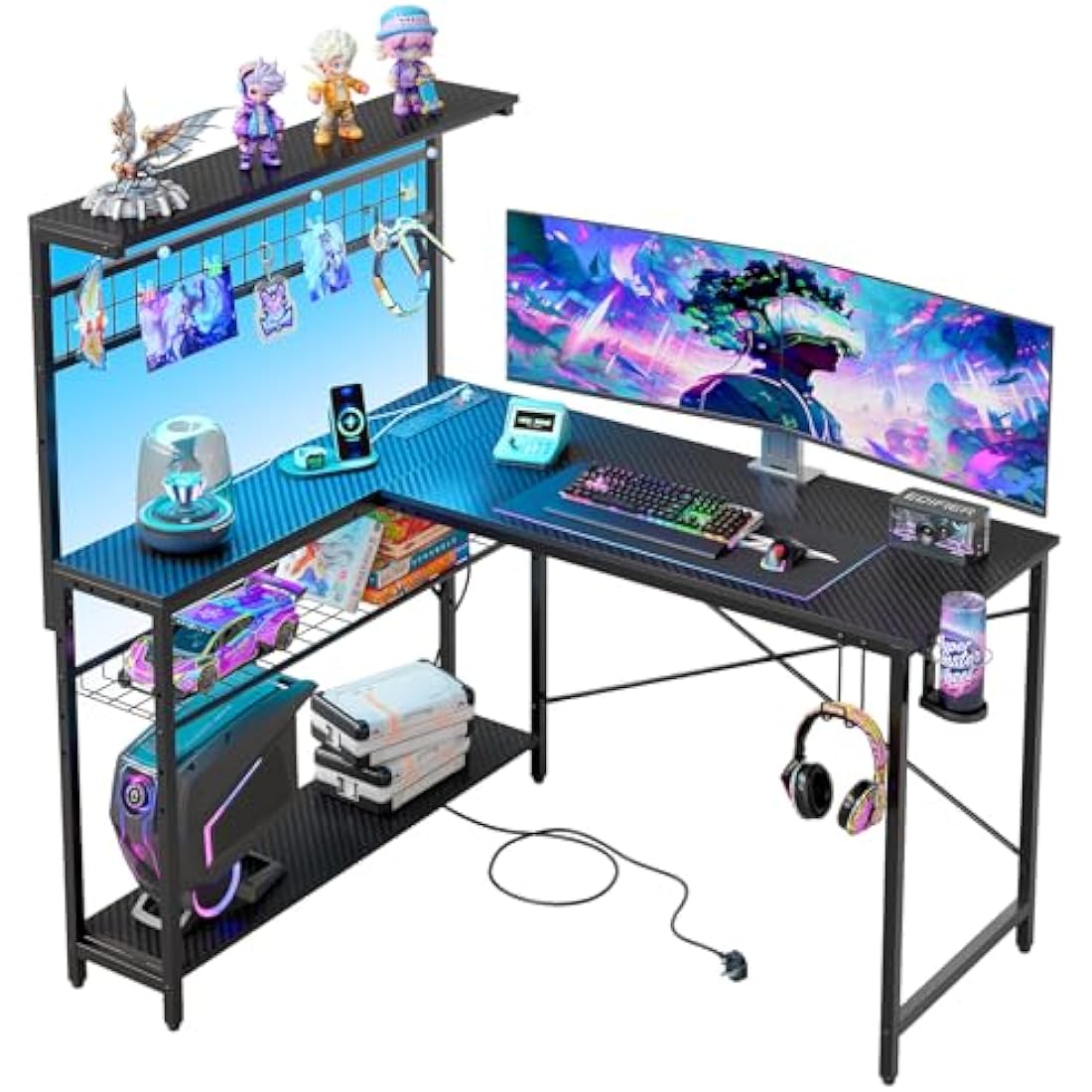 Bestier L-Shaped Gaming Desk with LED Lights and Power Outlets – 129cm