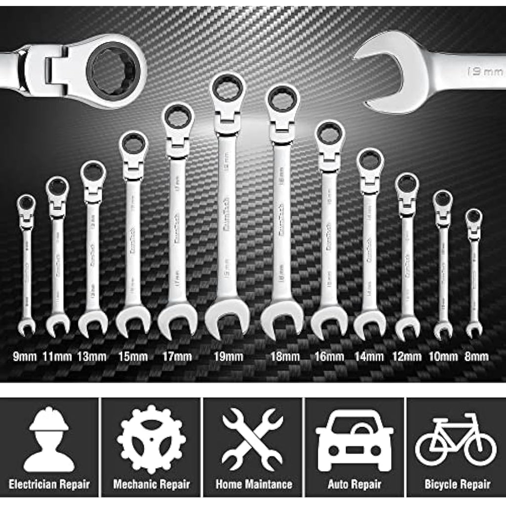 DURATECH 12-Piece Flex-Head Ratchet Spanner Set | Metric 8-19mm Steel