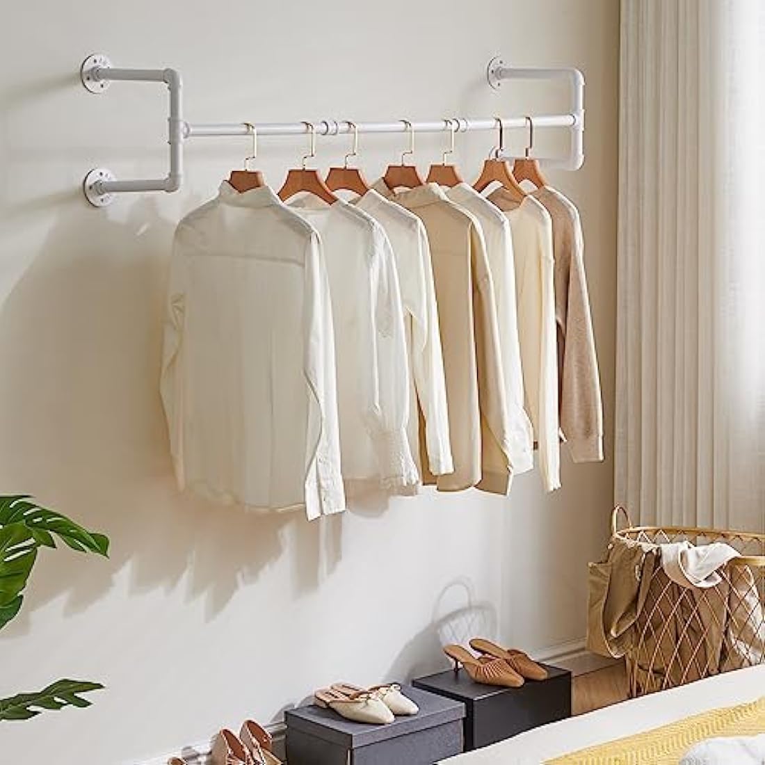 IBUYKE 50" Industrial Wall Mounted Clothing Rack – Heavy Duty White