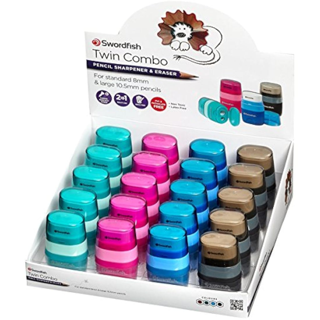 Swordfish Twin Combo Pencil Sharpener and Eraser - Assorted (Pack of 20)