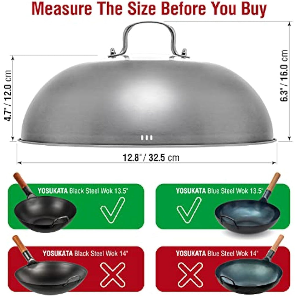 Yosukata 32.5cm Stainless Steel Wok Lid with Tempered Glass and Steam Vent