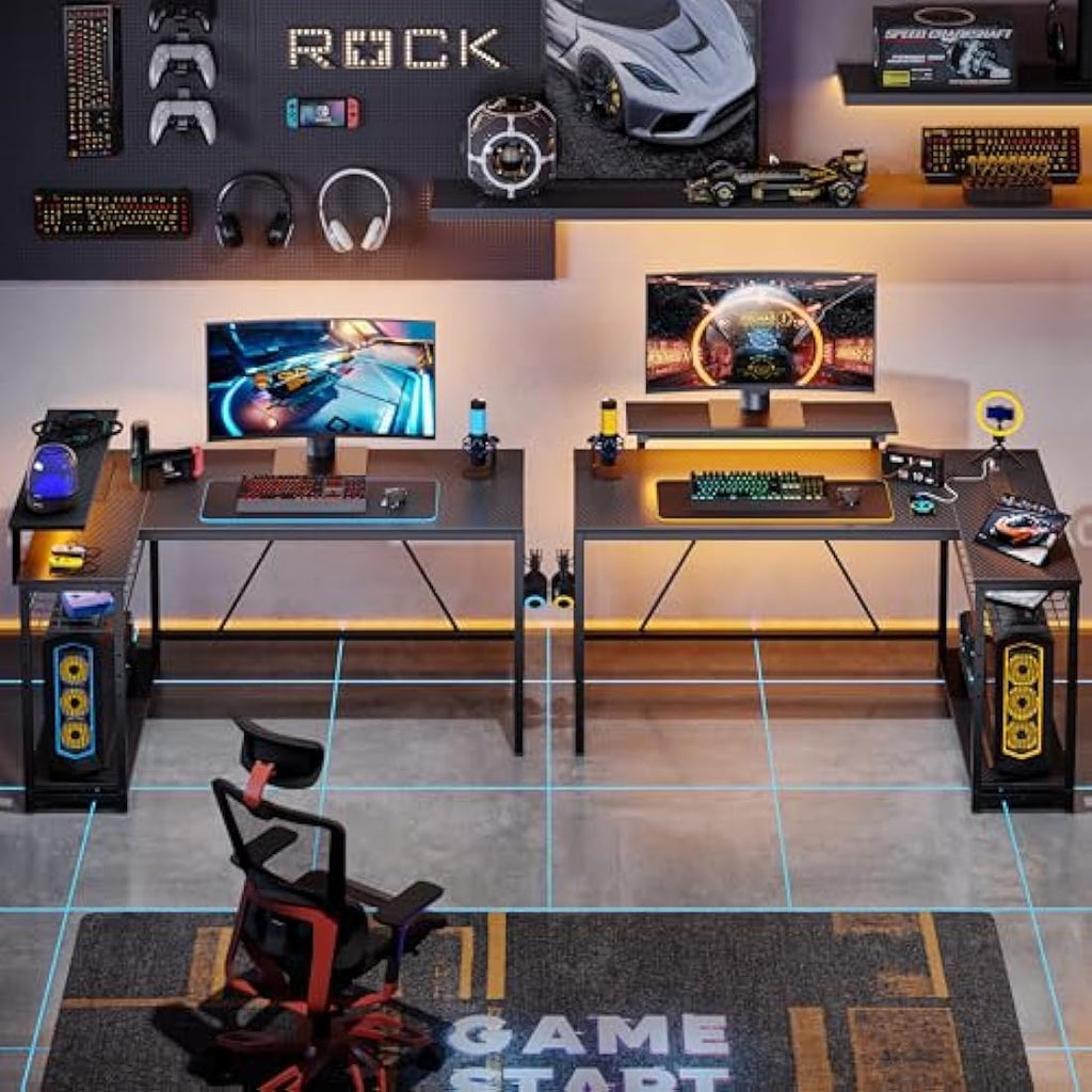 L-Shaped Gaming Desk – Carbon Fiber Workstation with LED & USB