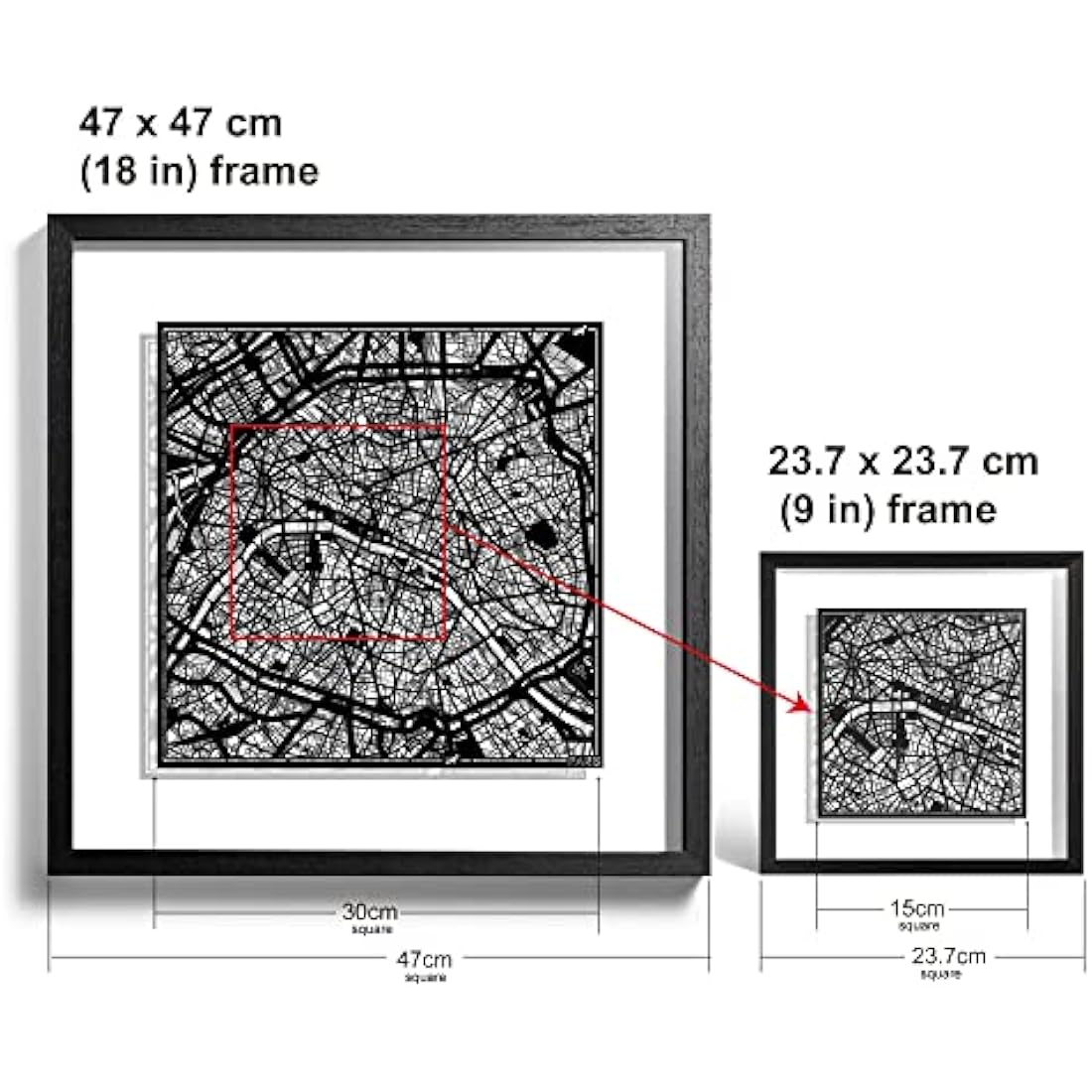 Paris Paper Cut Map - Framed Minimalist Wall Art, 9x9
