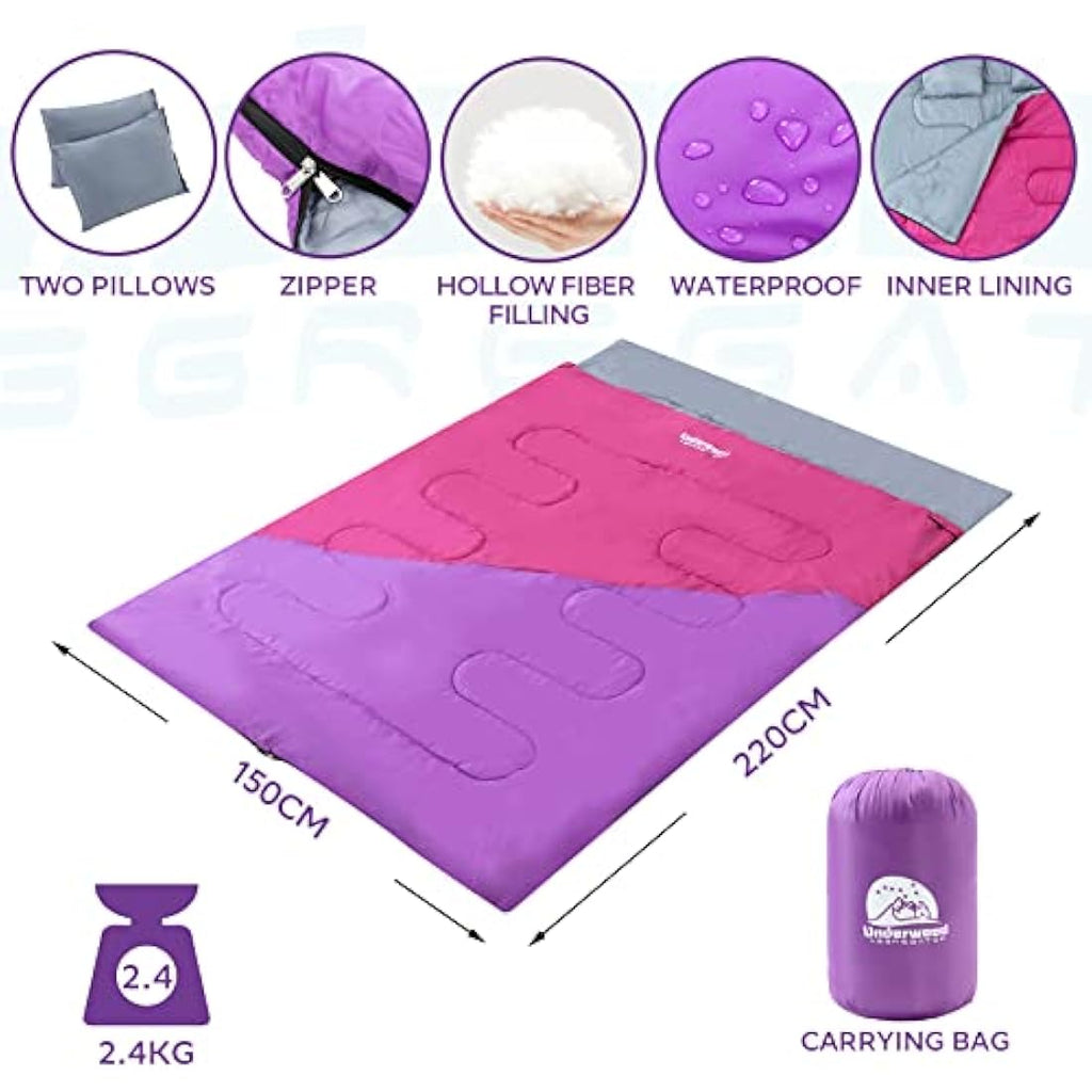 Jolof Store Double Sleeping Bag – 3 Season Lightweight with 2 Pillows