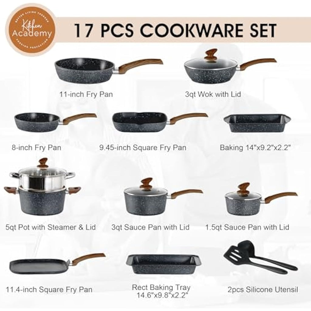 Kitchen Academy 17-Piece Nonstick Induction Cookware Set – Black Granite