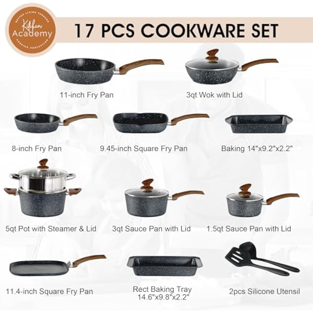 Kitchen Academy 17-Piece Nonstick Induction Cookware Set – Black Granite