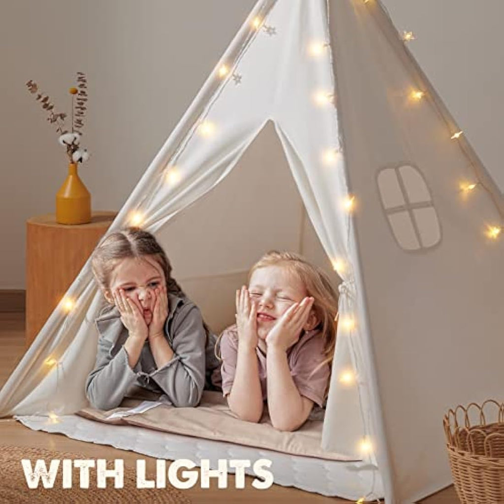 Tiny Land Kids Teepee Tent with Padded Mat & Lights | Off-White Canvas