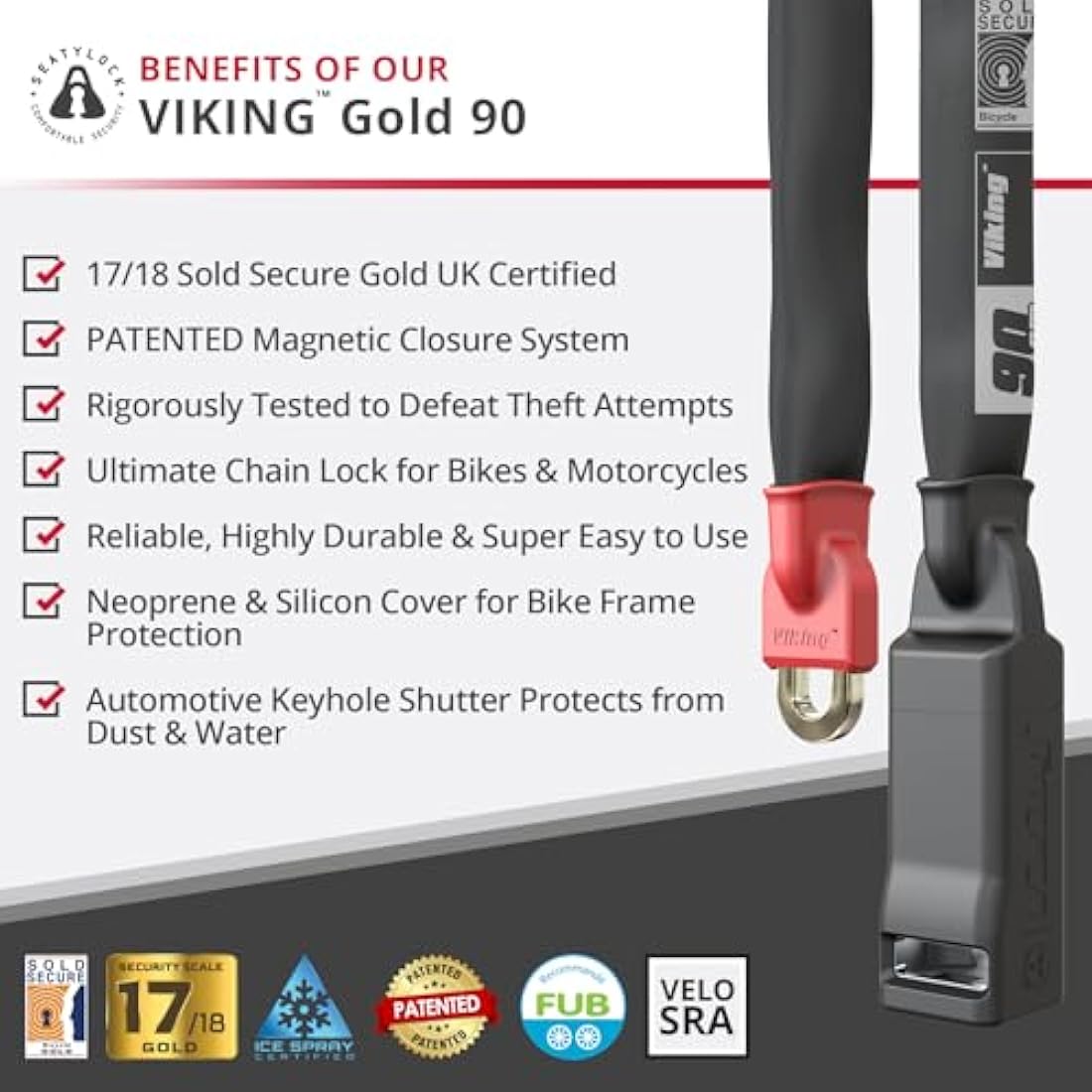Seatylock Viking Heavy Duty Bike Chain Lock – 90cm Hardened Steel